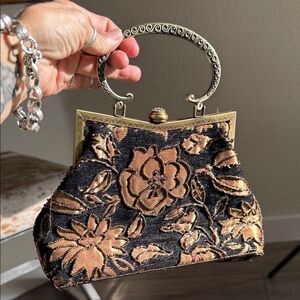 Vintage heavily beaded tapestry Black and Gold Floral Handbag ornate handle